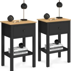 Tables de nuit noire et bois avec tiroir et tablette