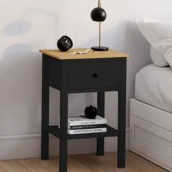 Tables de nuit noire et bois avec tiroir et tablette