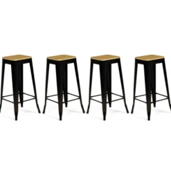 Tabourets de bar bois et métal noir empilables x4
