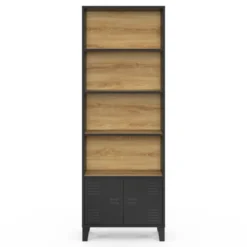 Étagère bibliothèque industrielle bois et noir 4 niveaux avec placard portes métalliques
