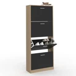 Étagère à chaussures imitation hêtre avec 4 portes noires
