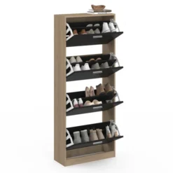 Étagère à chaussures imitation hêtre avec 4 portes noires