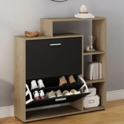 Étagère à chaussures imitation hêtre avec 2 portes noires