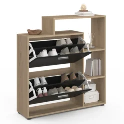 Étagère à chaussures imitation hêtre avec 2 portes noires