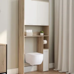 Étagère dessus WC blanc et bois façon hêtre avec dévidoir à papier