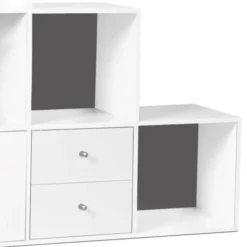 Étagère escalier bois blanc fond gris 6 cases