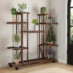 Étagère à pots de fleurs en bois de sapin 8 niveaux et roulettes
