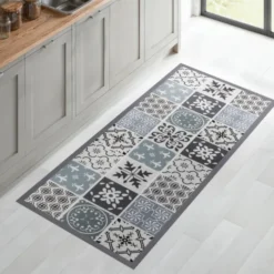 Tapis en vinyle effet carreaux de ciment noir et blanc 66 x 160 cm