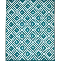 Tapis extérieur bleu canard motifs géométriques 180 x 280 cm