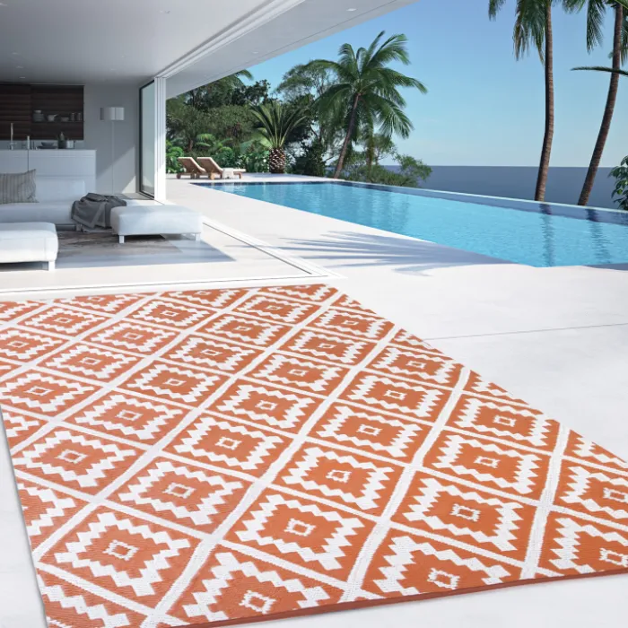 Tapis extérieur terracotta motifs géométriques 270 x 370 cm