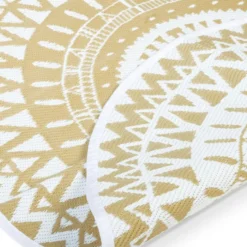 Tapis extérieur terrasse motifs maoris blanc et naturel 150 cm