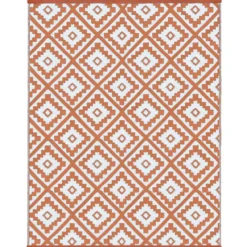 Tapis extérieur terrasse motifs géométriques terracotta et blanc 160 x 260 cm