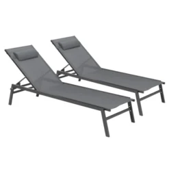 Transats de jardin aluminium gris et noir : lot de 2
