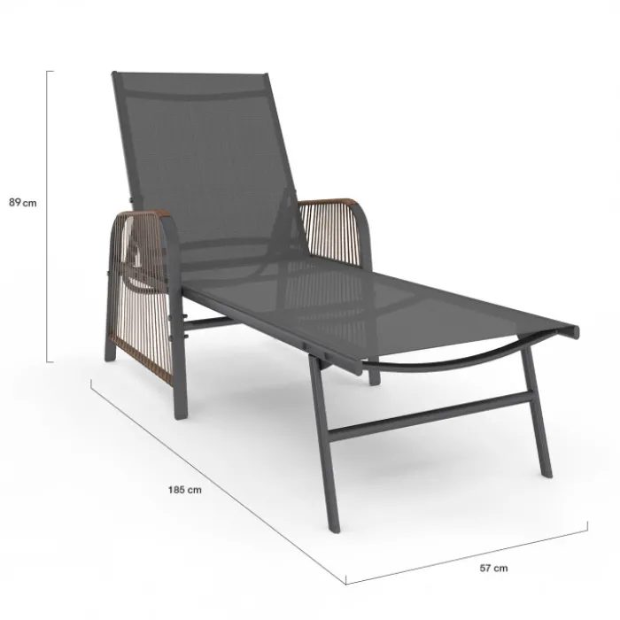 Transats de jardin inclinables gris anthracite avec accoudoirs cordage effet rotin