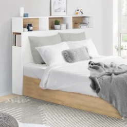Tête de lit avec rangement intégré 145 cm blanc et bois façon hêtre