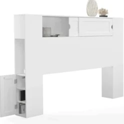Tête de lit blanche 145 cm avec rangements fermés et niches