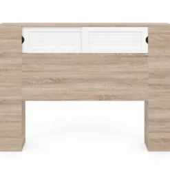 Tête de lit bois et blanc 145 cm avec rangements fermés et niches