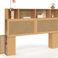 Tête de lit 145 cm en cannage avec rangements fermés et niches