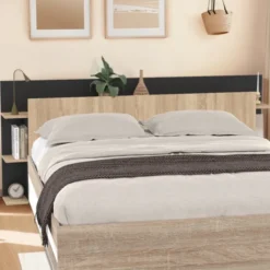 Tête de lit sur pied bois et noir avec rangement pour lit 140-160 cm