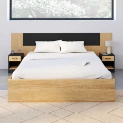 Tête de lit sur pied bois et noir avec chevets modulables