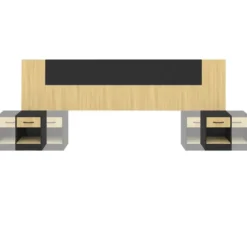 Tête de lit sur pied bois et noir avec chevets modulables