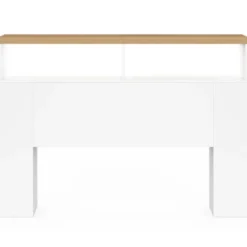 Tête de lit sur pied à LED avec plateau bois 145 cm rangements et niches blanches