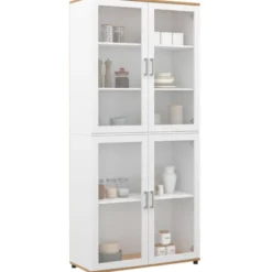 Vaisselier buffet haut 176 cm avec 4 portes vitrées blanc et bois