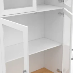 Vaisselier buffet haut 176 cm avec 4 portes vitrées blanc et bois
