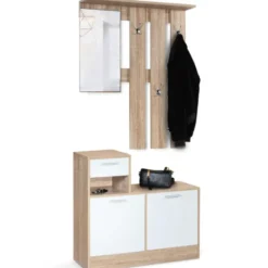 Vestiaire d’entrée avec miroir, porte-manteaux et range-chaussures en lot