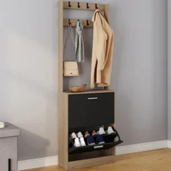 Vestiaire d'entrée meuble chaussures 2 portes effet bois et noir