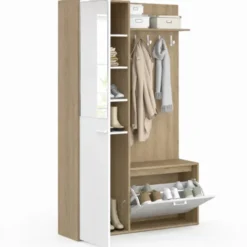Vestiaire d'entrée rangement chaussures avec miroir et étagères 1 porte effet bois et noir