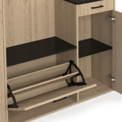 Vestiaire d'entrée rangement chaussures avec miroir et étagères MAHAUT XXL maxi capacité effet bois et noir