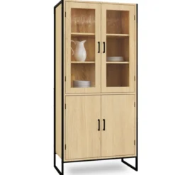 Vitrine buffet haut industriel 176 cm avec portes et étagères
